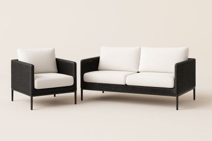 Rattan Sitzgruppe mit Polsterung, Schwarz/Weiß, 2-Sitzer Sofa und Sessel, Aluminiumrahmen