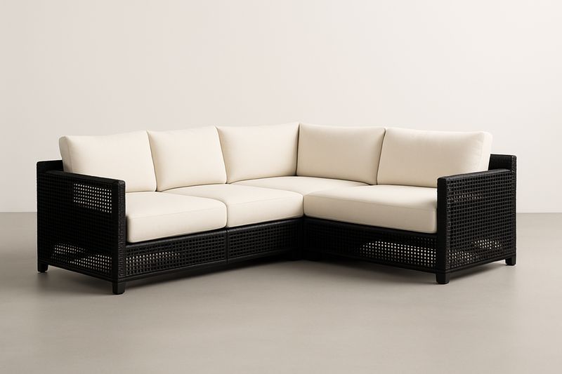 Ecksofa Set Rattan Schwarz mit Weißen Kissen