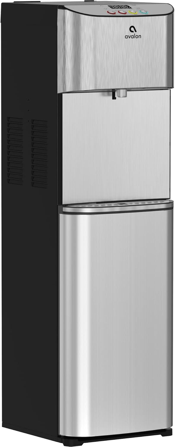 Avalon Dispensador de agua enfriador de agua con carga inferior con BioGuard, 3 ajustes de temperatura, agua caliente, fría y de habitación, construcción duradera de acero inoxidable, revestimiento antimicrobiano, certificado UL
