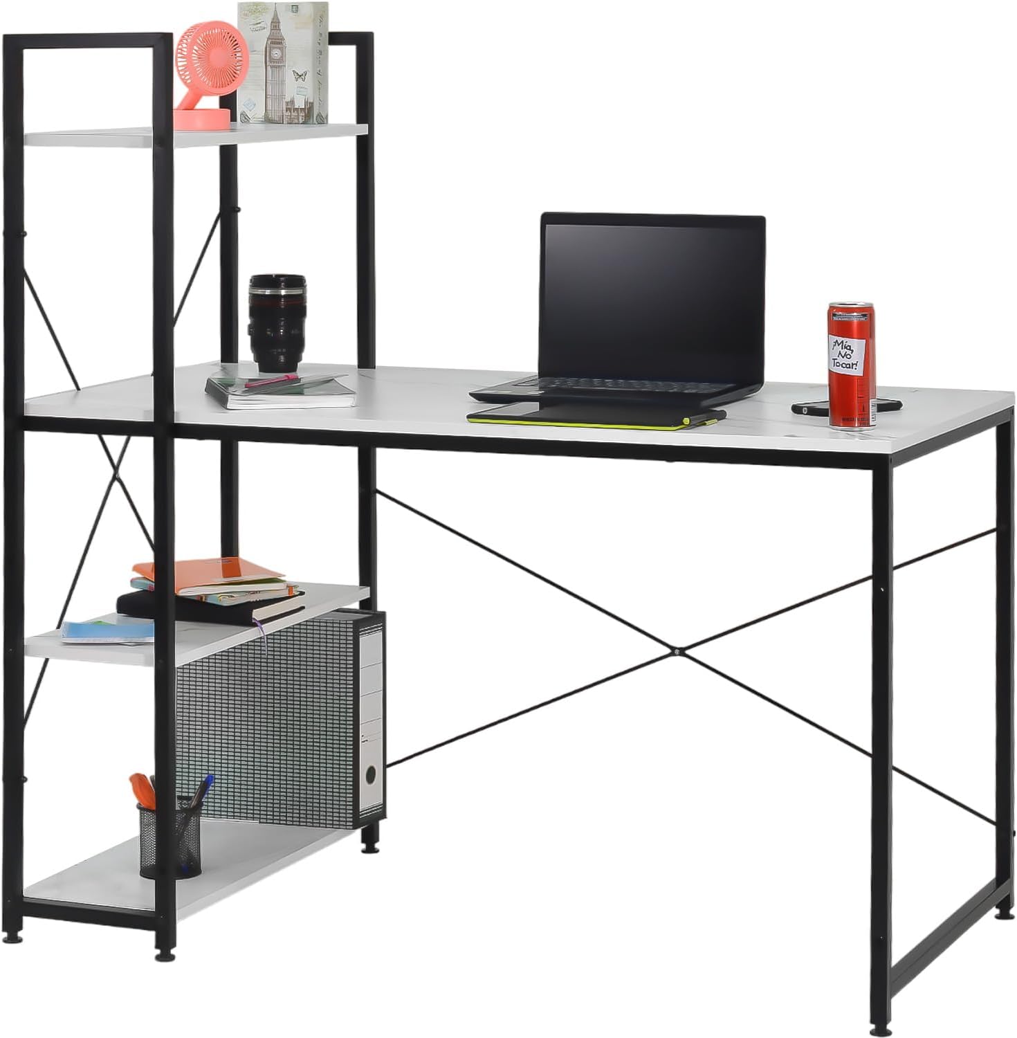 Just Home Rack & Pack Escritorio para Computadora Escritorios de Oficina Minimalista Modernos Escritorio con Cajones de Madera Moderno con Repisas Blanco Laptop Armable Home Office