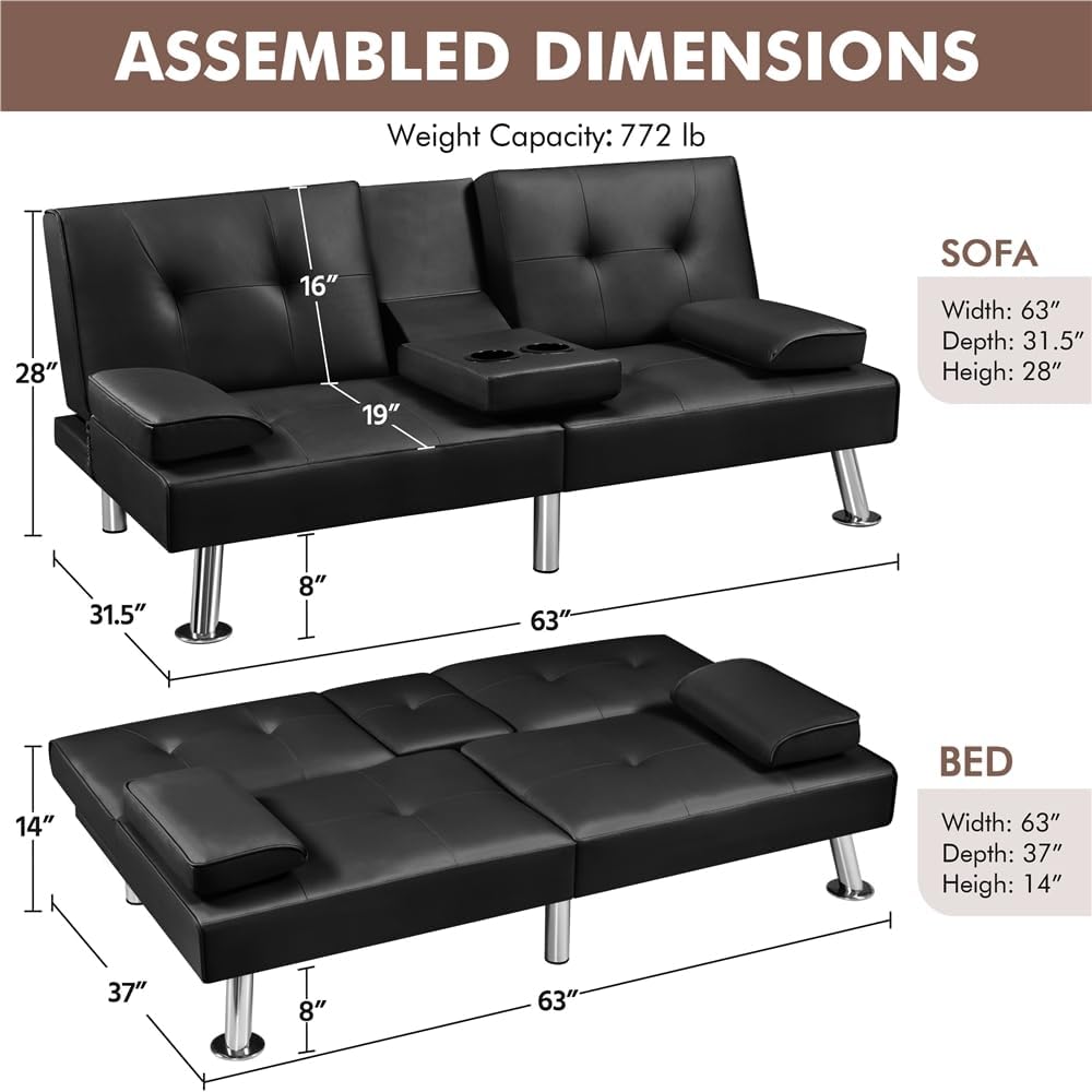 Yaheetech - Sofá Cama Convertible Ajustable, Moderno sillón reclinable de Piel sintético para el hogar, sofá Cama Plegable, Cama de Invitados, reposabrazos extraíbles, portavasos 3 ángulos, Capacidad