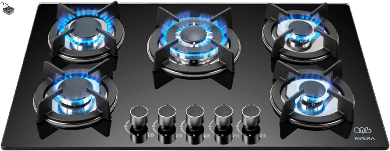 AVERA Parrilla de Gas 5 Quemadores, Vidrio Templado Negro 77cm (Incluye accesorios para Instalarla) Empotrable, Encendido Electronico, Perillas Metalicas, Estufa Empotrable, para Gas LP y Natural, VT5-trapo