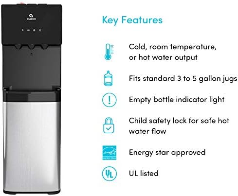 Avalon Dispensador de agua enfriador de agua con carga inferior con BioGuard, 3 ajustes de temperatura, agua caliente, fría y de habitación, construcción duradera de acero inoxidable, revestimiento antimicrobiano, certificado UL