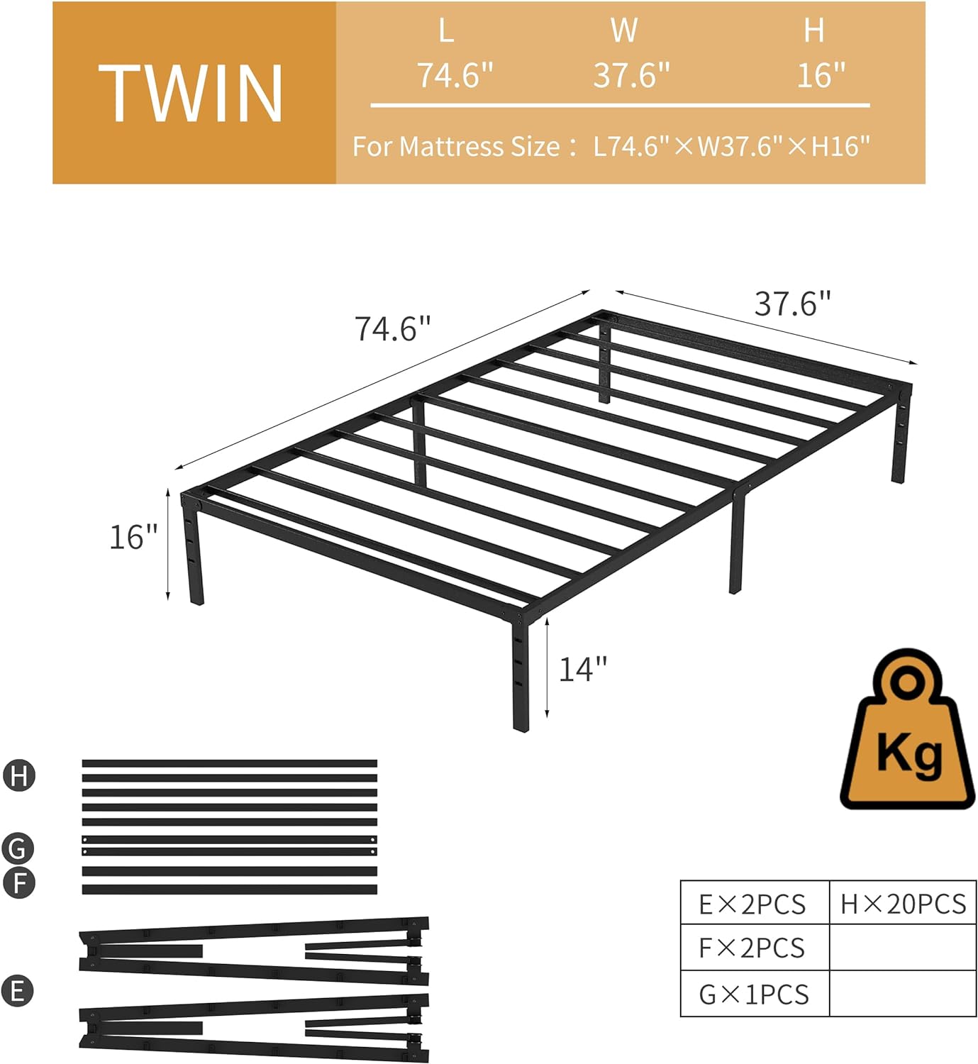 New Jeto Marco de cama de metal con espacio de almacenamiento debajo de la cama, plataforma sencilla y atmosférica, resistente y duradero, de 46 cm, tamaño individual