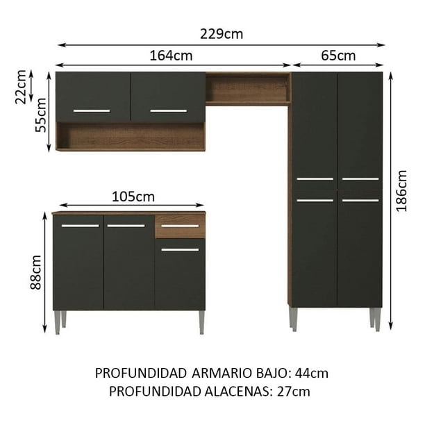 Cocina Integral Madesa Emilly Pop 229cm Marrón/Negro