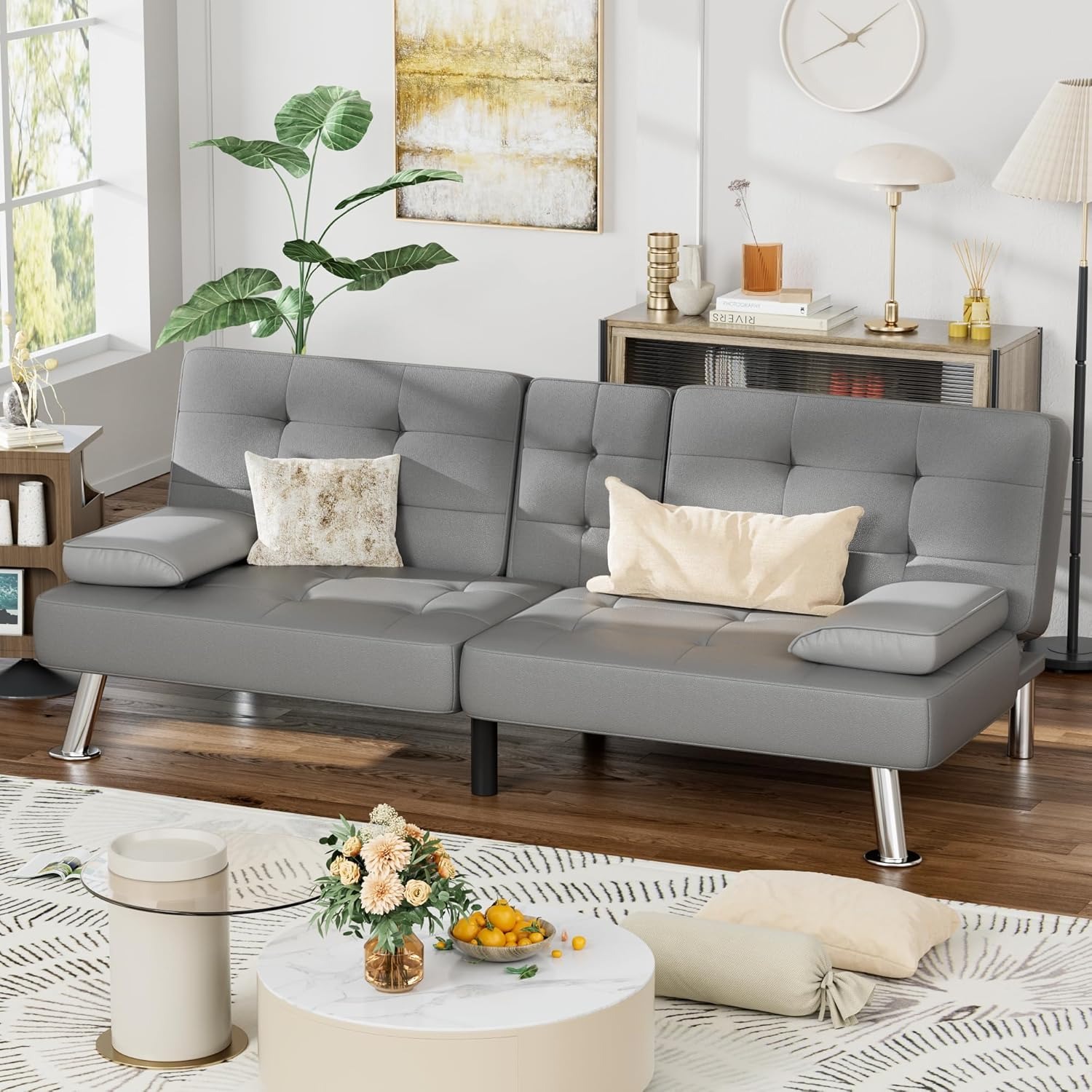 Homall - Sofá Cama de futón de Piel con reposabrazos extraíbles, sofá Cama reclinable Ajustable con Soportes de Doble Taza para Sala de Estar, Departamento, Oficina (Negro)