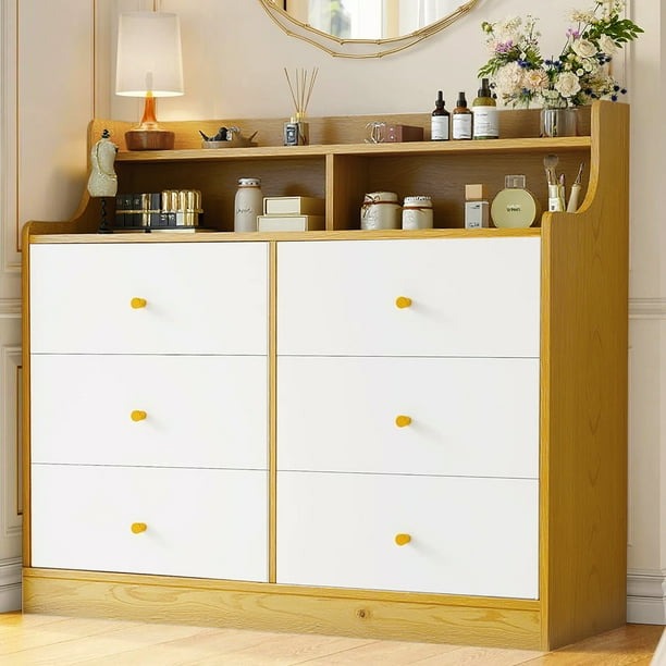 Zocalo Cómoda 6 Cajones Color Blanco con Marrón | Para Dormitorio y Sala | Gran Almacenaje | 113x40x90cm