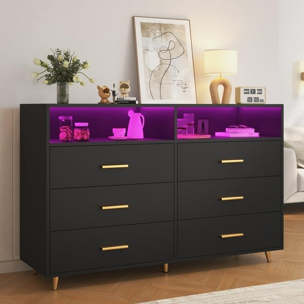 Zocalo Cómoda de 6 Cajones con Luz LED, Diseño Moderno para Dormitorio