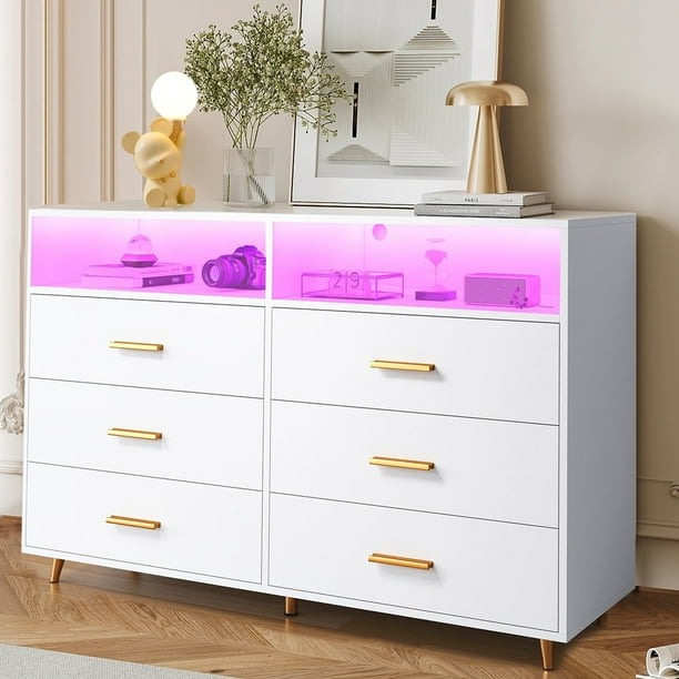 Zocalo Cómoda de 6 Cajones con Luz LED, Diseño Moderno para Dormitorio