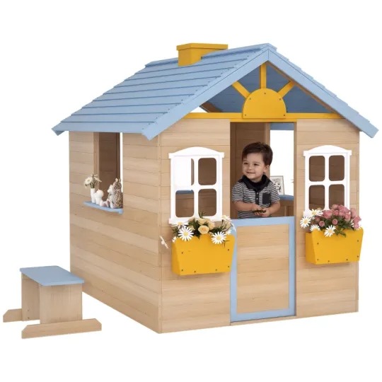 Outsunny Casa de Juegos de Madera para Niños Jardín Exterior con Puerta de Trabajo, Ventanas, Banco, Estación de Servicio, Macetero, Azul