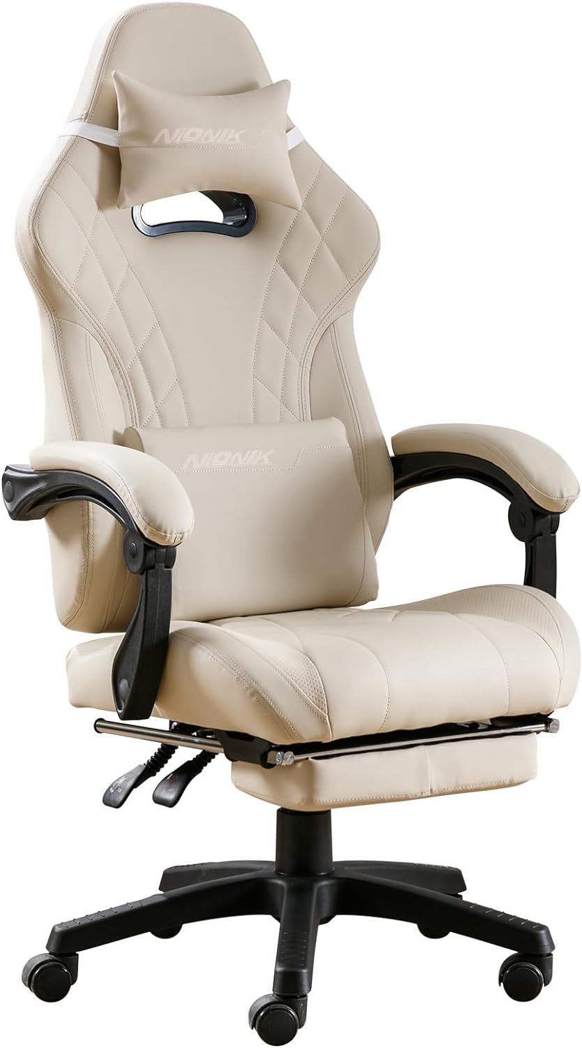 【Compra uno y llévate otro gratis】Silla para juegos con reposapiés y soporte lumbar de masaje