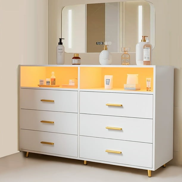 Zocalo Cómoda de 6 Cajones con Luz LED, Diseño Moderno para Dormitorio