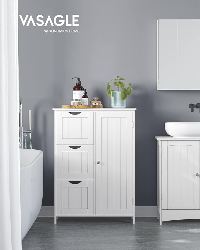 Armario de Baño, Cómoda de Baño, Mueble de Baño Estrecho, con 3 Cajones, 1 Estante Ajustable, Armario con Puerta, 30 x 60 x 80 cm, Blanco