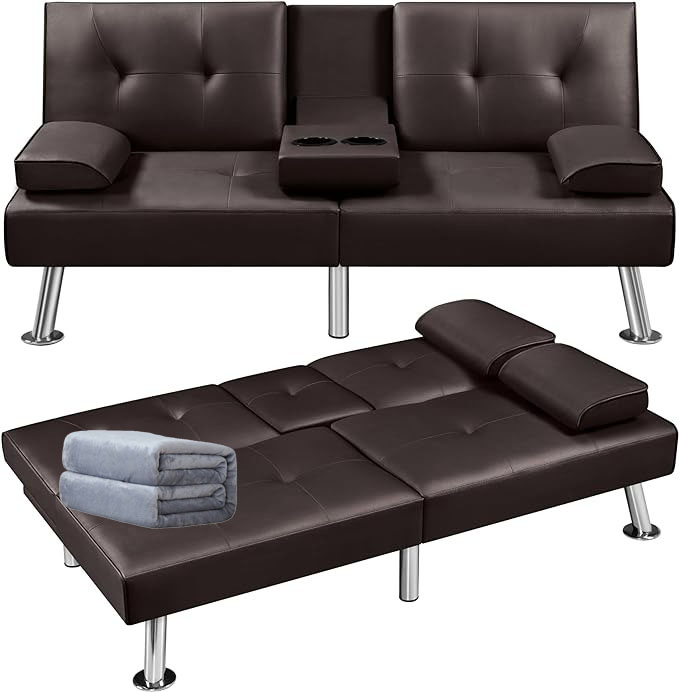 Yaheetech - Sofá Cama Convertible Ajustable, Moderno sillón reclinable de Piel sintético para el hogar, sofá Cama Plegable, Cama de Invitados, reposabrazos extraíbles, portavasos 3 ángulos, Capacidad