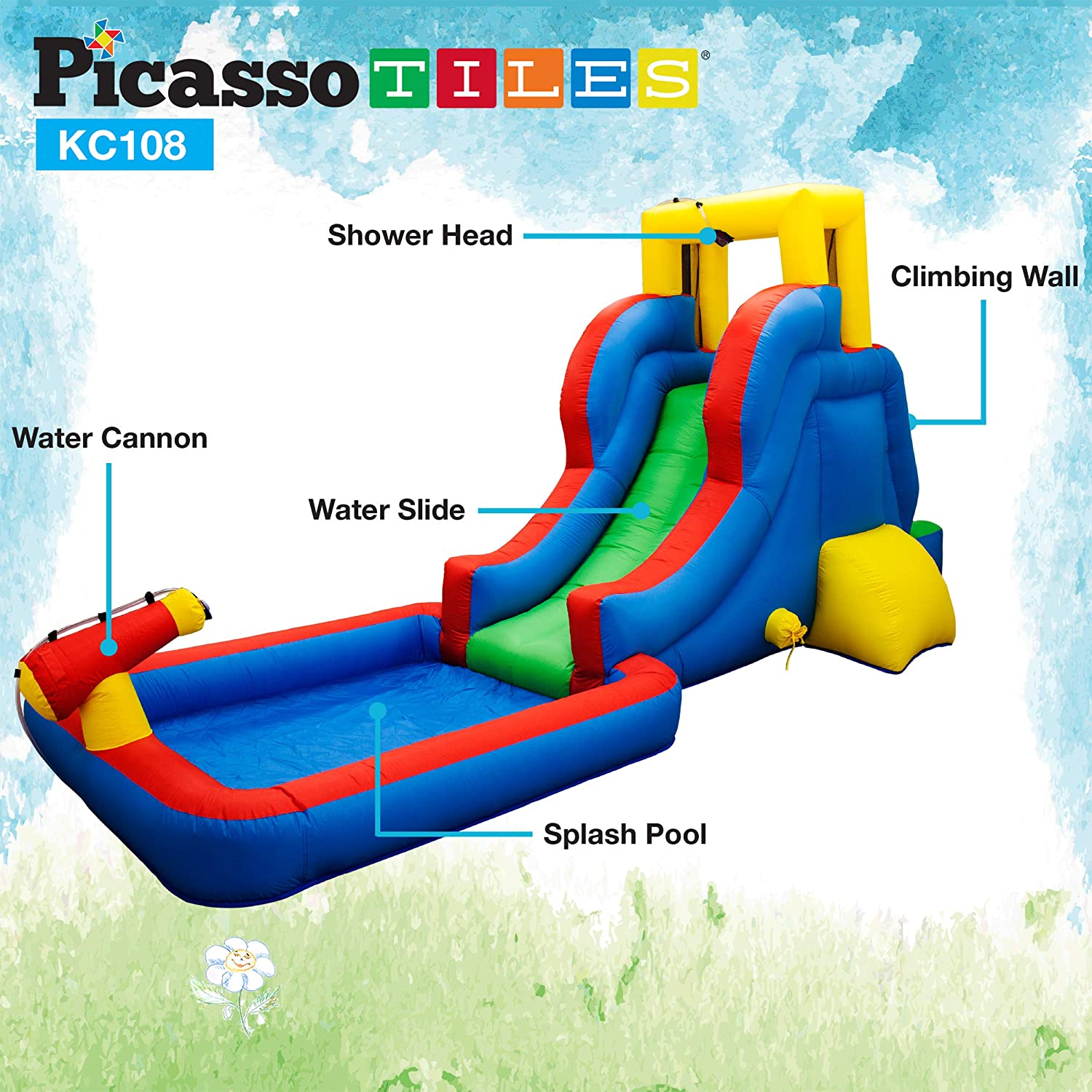 PicassoTiles KC108 - Casa inflable con area de piscina (zona de salpicadura), pared de escalada, soportes de rociadores de cabezal de ducha, montaje de canon de agua y soplador de 385 W certificado GFCI ETL-taza de agua