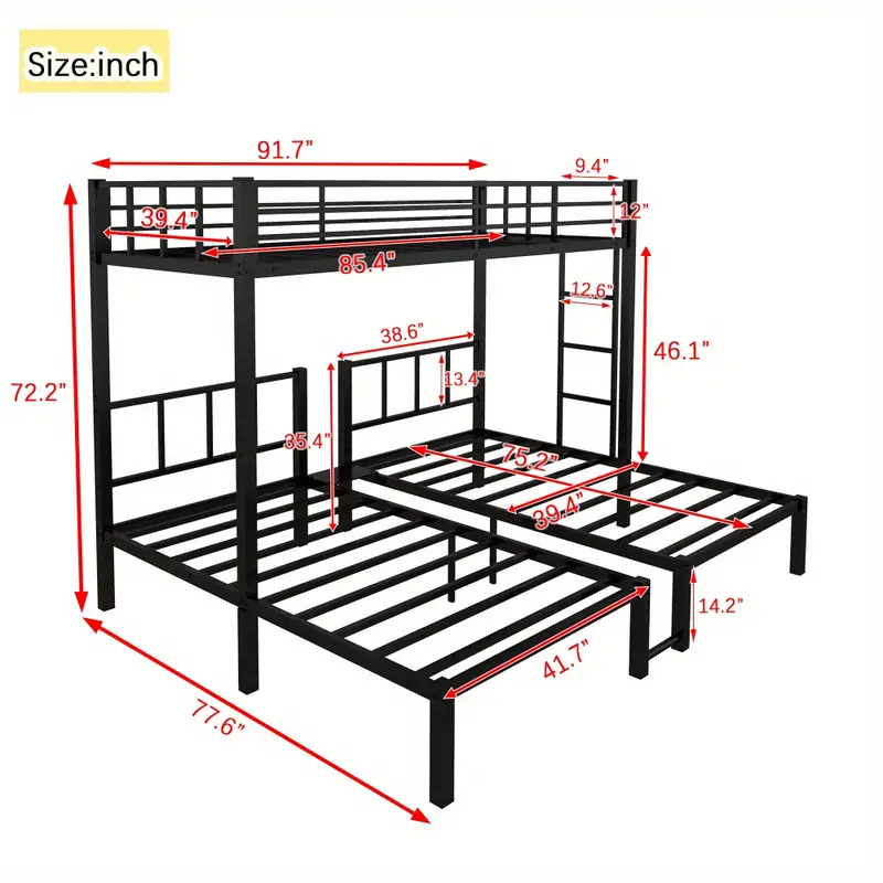 Cama nido doble sobre doble y litera doble para 3, litera doble XL sobre doble y litera doble de metal, negro