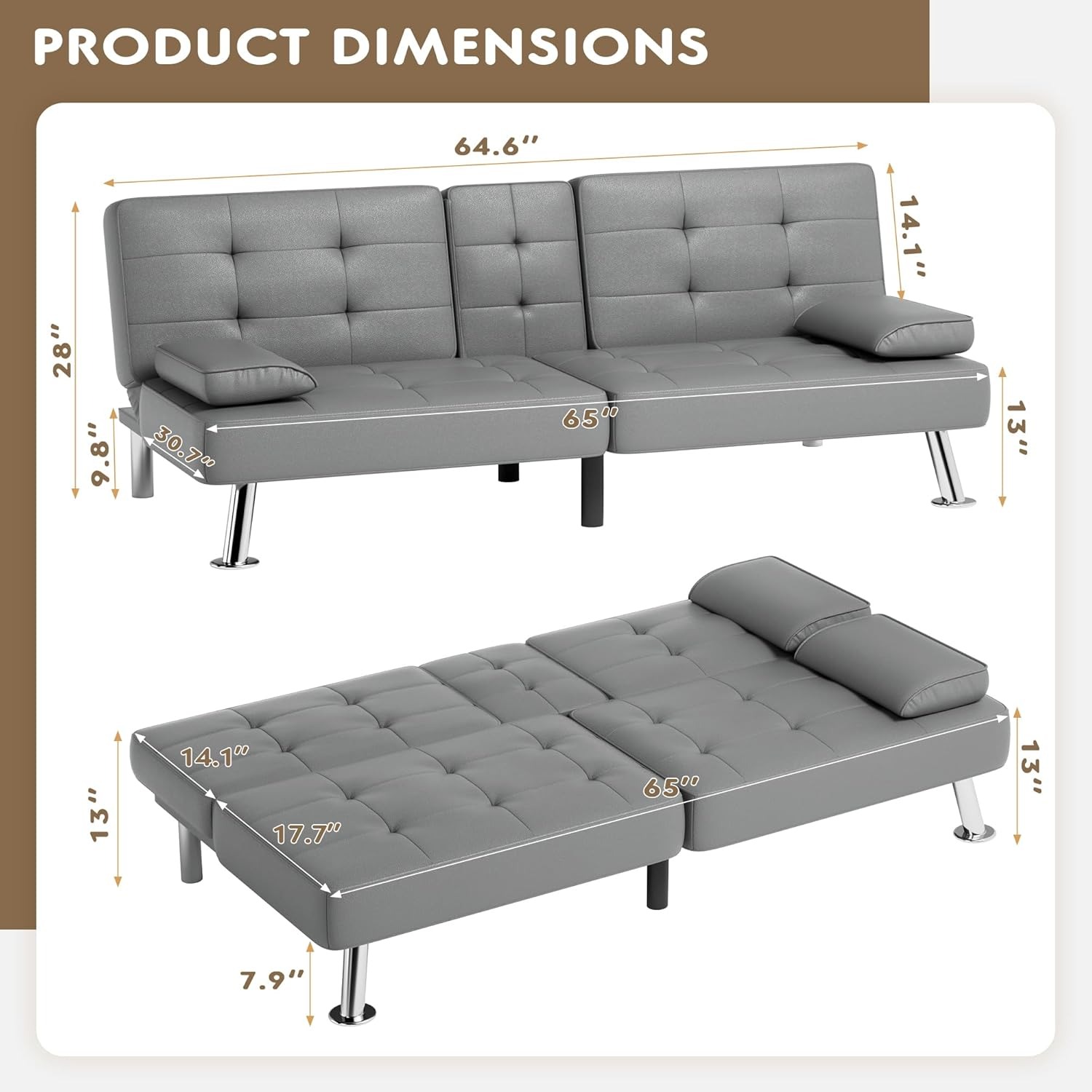 Homall - Sofá Cama de futón de Piel con reposabrazos extraíbles, sofá Cama reclinable Ajustable con Soportes de Doble Taza para Sala de Estar, Departamento, Oficina (Negro)