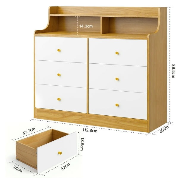 Zocalo Cómoda 6 Cajones Color Blanco con Marrón | Para Dormitorio y Sala | Gran Almacenaje | 113x40x90cm