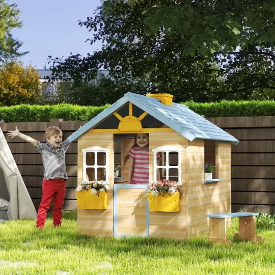 Outsunny Casa de Juegos de Madera para Niños Jardín Exterior con Puerta de Trabajo, Ventanas, Banco, Estación de Servicio, Macetero, Azul
