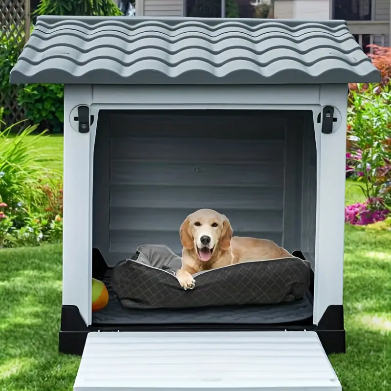 PinoPico 43. 7'' Casa para perros de 2 puertas con base elevada y cojín, casa para mascotas de plástico para perros pequeños, medianos y grandes, fácil montaje, resistente al agua para uso en interiores/exteriores (43. 7''L x 33''W x 31. 6''H)