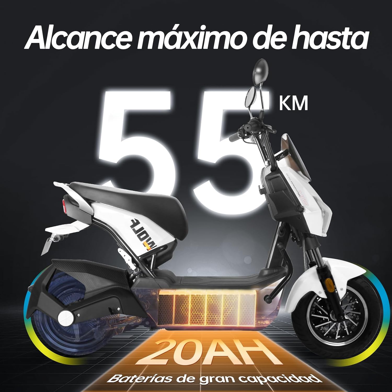 Wolf Bicicleta Electrica para Adultos, Bicimoto Eléctrica con Alarma, Máxima del Motor 1200W, Velocidad Máxima 55KM/H, Autonomía 50-55KM, Batería (72V, 20AH), Emite 7 Colores de luz
