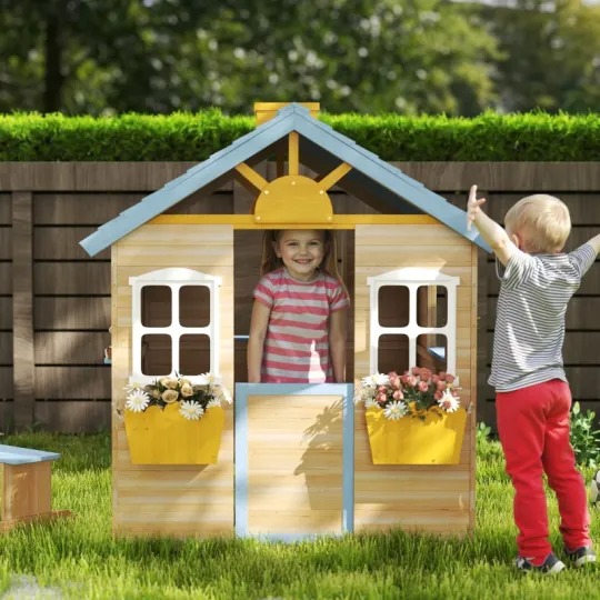 Outsunny Casa de Juegos de Madera para Niños Jardín Exterior con Puerta de Trabajo, Ventanas, Banco, Estación de Servicio, Macetero, Azul