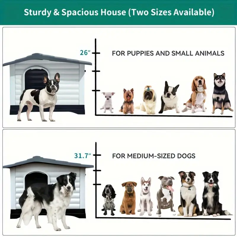 PinoPico 43. 7'' Casa para perros de 2 puertas con base elevada y cojín, casa para mascotas de plástico para perros pequeños, medianos y grandes, fácil montaje, resistente al agua para uso en interiores/exteriores (43. 7''L x 33''W x 31. 6''H)