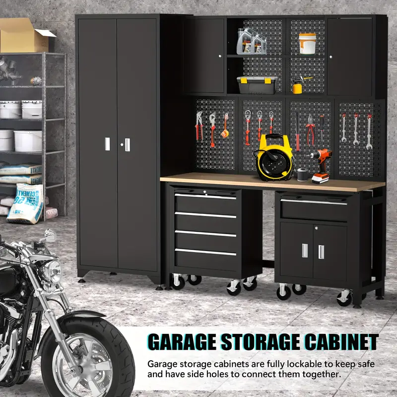 Taller de 6 piezas en negro, gabinete de almacenamiento para garaje, incluye cajones de acero, cofre rodante y tablero de clavijas, gabinete de almacenamiento con cerradura, perfecto para organizar el garaje y las herramientas.