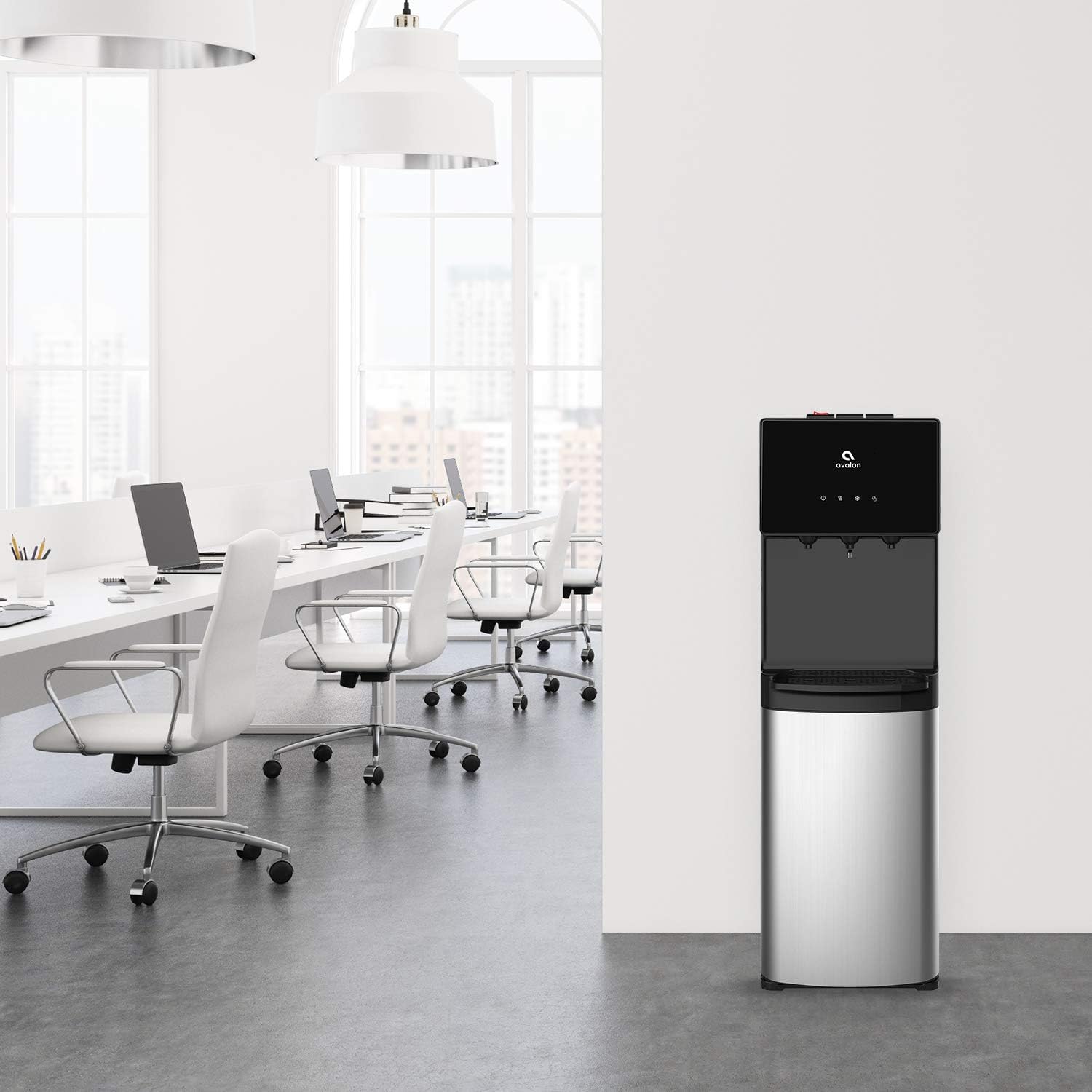 Avalon Dispensador de agua enfriador de agua con carga inferior con BioGuard, 3 ajustes de temperatura, agua caliente, fría y de habitación, construcción duradera de acero inoxidable, revestimiento antimicrobiano, certificado UL