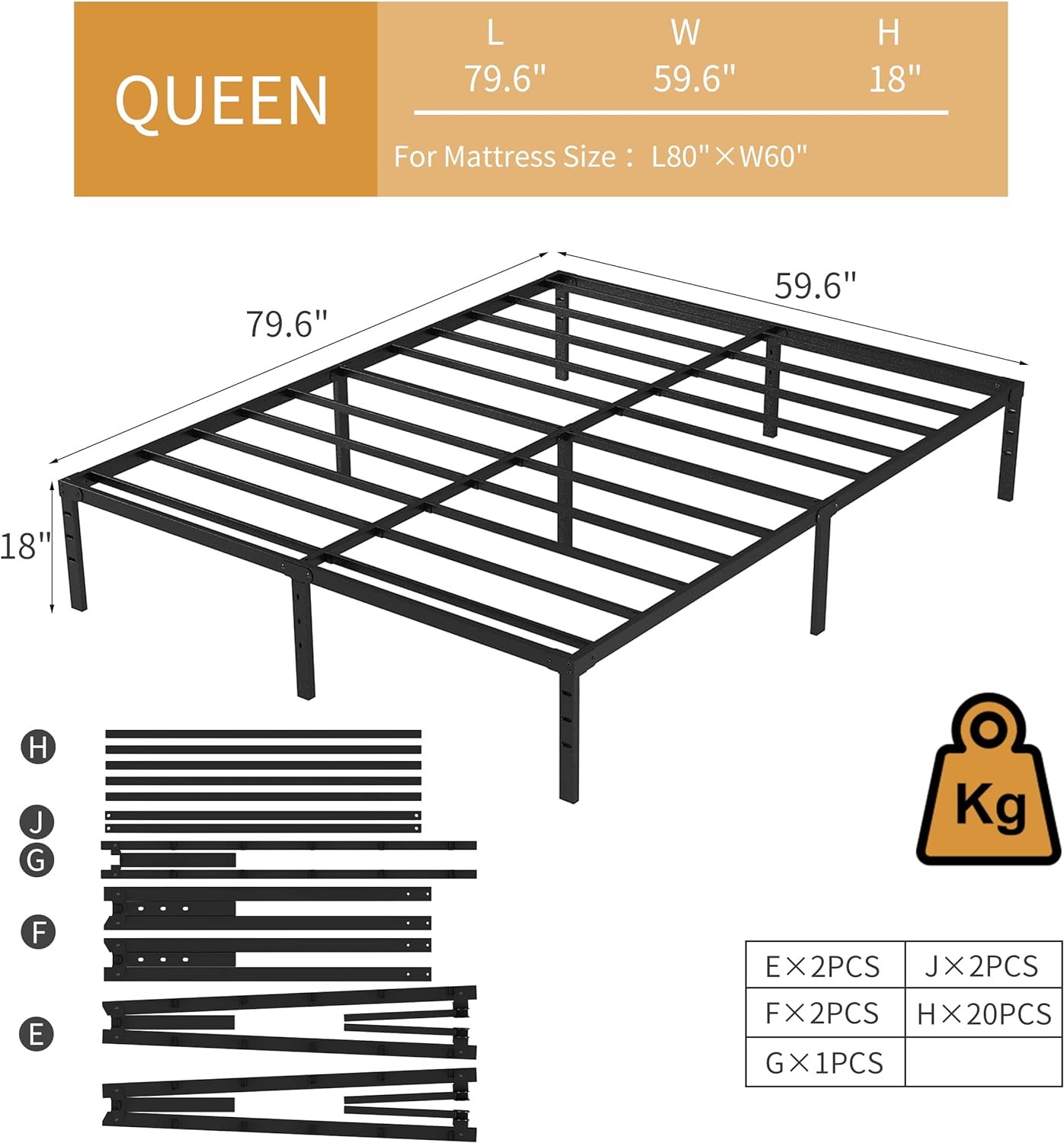 New Jeto Marco de cama de metal con espacio de almacenamiento debajo de la cama, plataforma sencilla y atmosférica, resistente y duradero, de 46 cm, tamaño individual