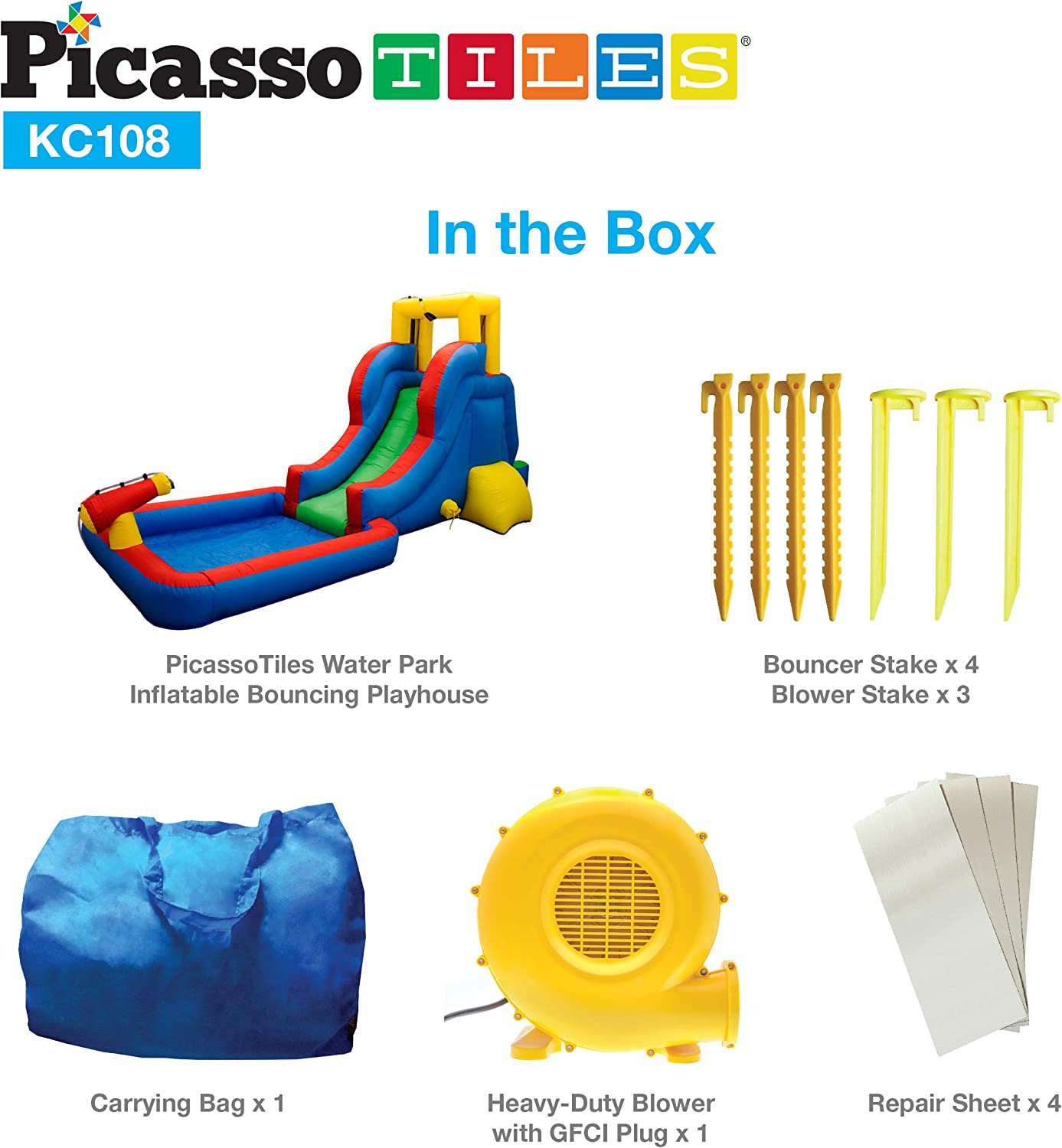 PicassoTiles KC108 - Casa inflable con area de piscina (zona de salpicadura), pared de escalada, soportes de rociadores de cabezal de ducha, montaje de canon de agua y soplador de 385 W certificado GFCI ETL-taza de agua