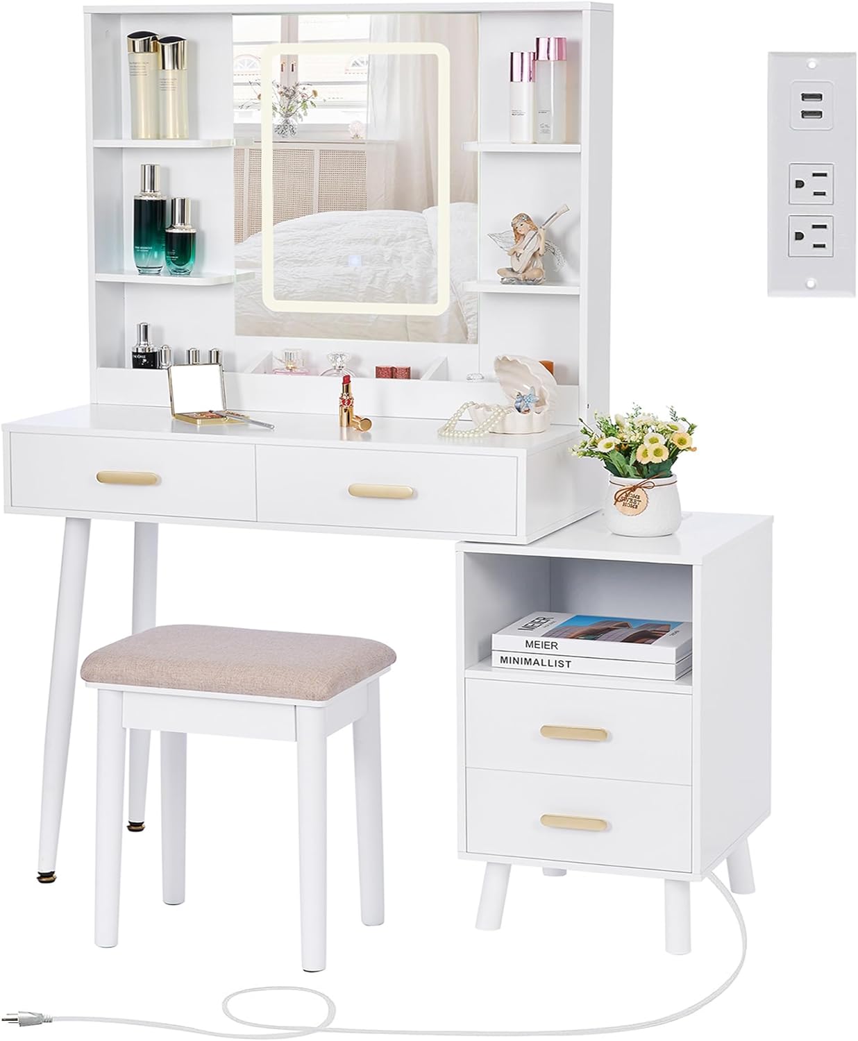 BEWISHOME FST18W - computadora de cambiador blanco con estación de carga y mesita de noche, computadora de maquillaje con luces con 3 modos de colores