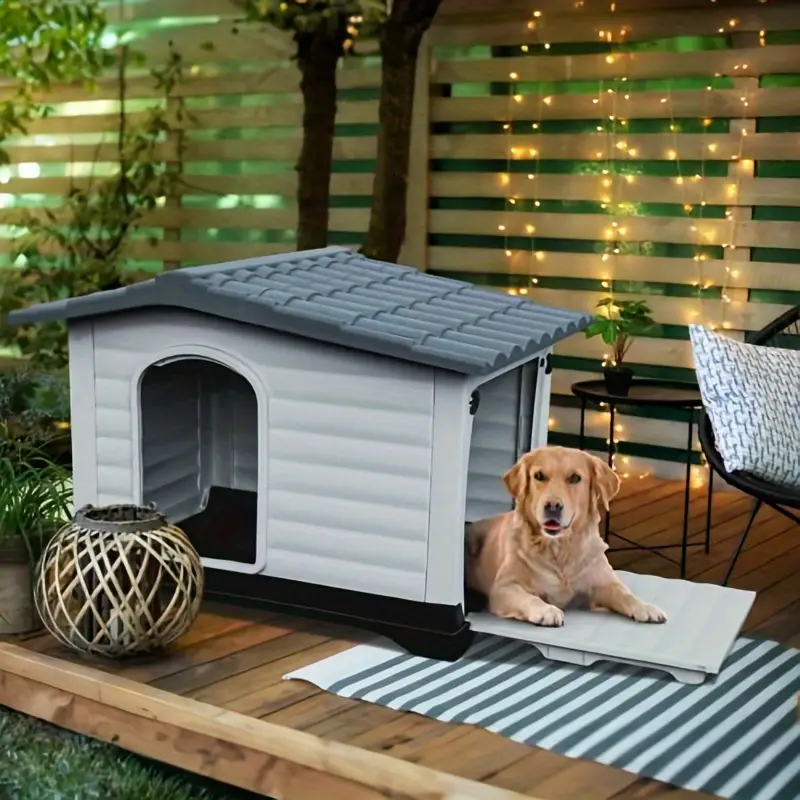 PinoPico 43. 7'' Casa para perros de 2 puertas con base elevada y cojín, casa para mascotas de plástico para perros pequeños, medianos y grandes, fácil montaje, resistente al agua para uso en interiores/exteriores (43. 7''L x 33''W x 31. 6''H)