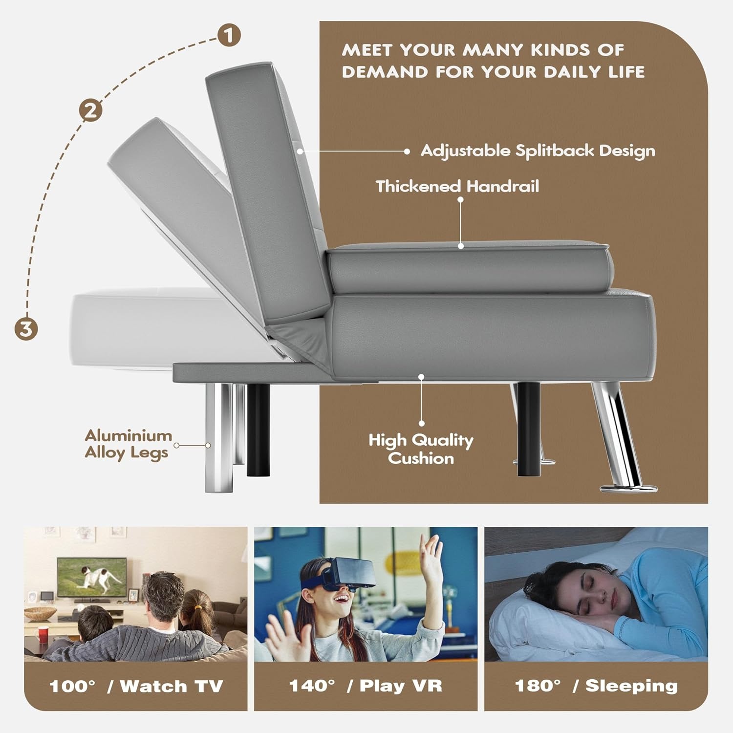 Homall - Sofá Cama de futón de Piel con reposabrazos extraíbles, sofá Cama reclinable Ajustable con Soportes de Doble Taza para Sala de Estar, Departamento, Oficina (Negro)