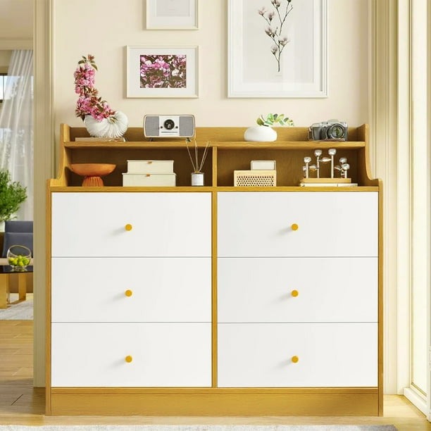 Zocalo Cómoda 6 Cajones Color Blanco con Marrón | Para Dormitorio y Sala | Gran Almacenaje | 113x40x90cm