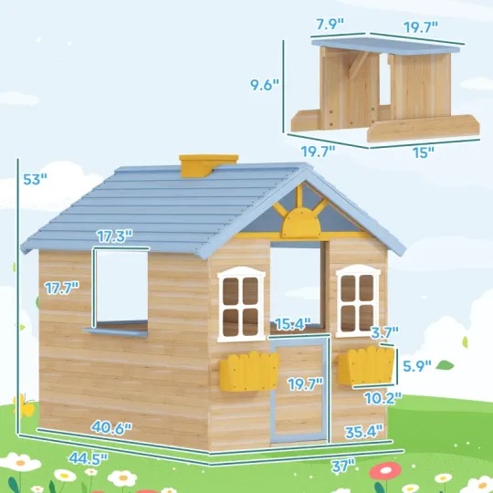 Outsunny Casa de Juegos de Madera para Niños Jardín Exterior con Puerta de Trabajo, Ventanas, Banco, Estación de Servicio, Macetero, Azul