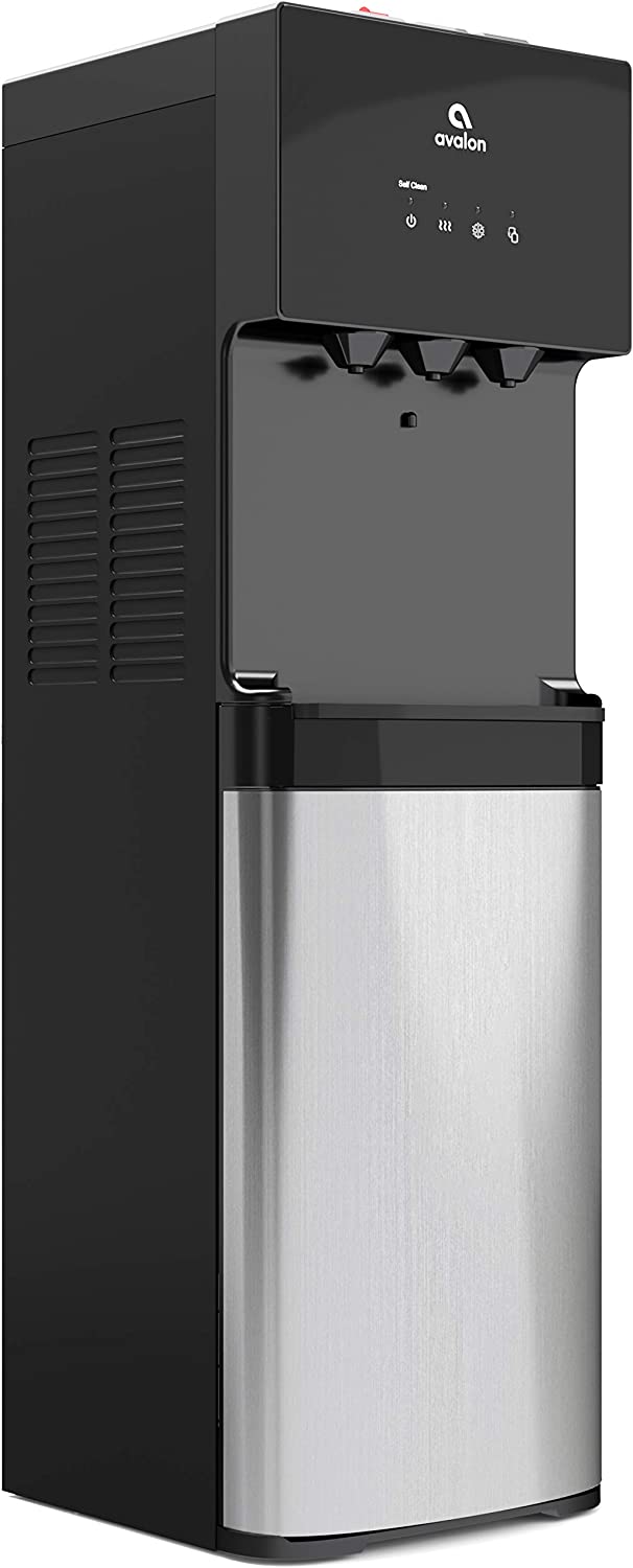 Avalon Dispensador de agua enfriador de agua con carga inferior con BioGuard, 3 ajustes de temperatura, agua caliente, fría y de habitación, construcción duradera de acero inoxidable, revestimiento antimicrobiano, certificado UL