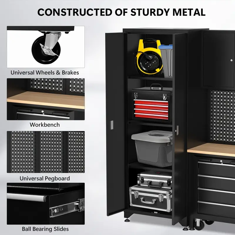 Taller de 6 piezas en negro, gabinete de almacenamiento para garaje, incluye cajones de acero, cofre rodante y tablero de clavijas, gabinete de almacenamiento con cerradura, perfecto para organizar el garaje y las herramientas.