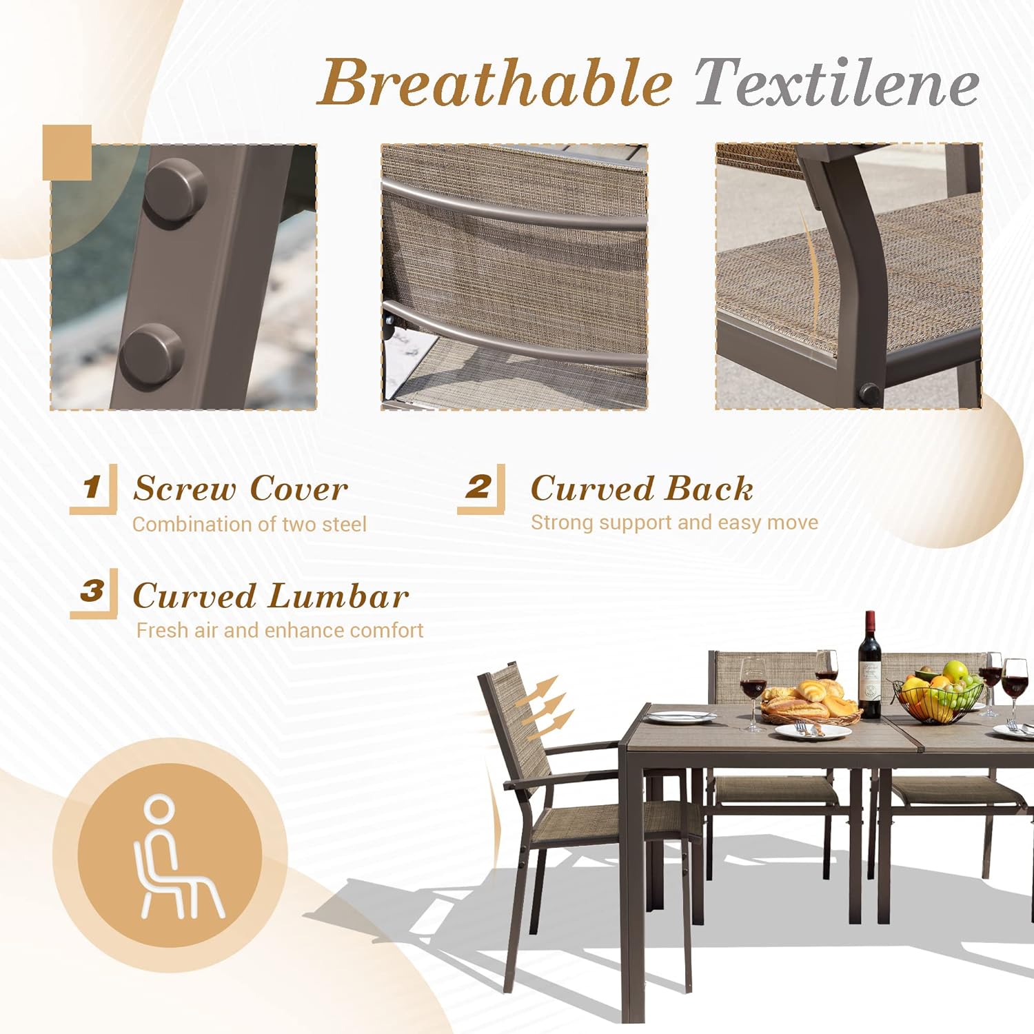 Juego de comedor para patio, 7 piezas, marco de metal, muebles de exterior con 6 sillas de textileno y mesa rectangular, juego de conversación de cocina familiar para patio trasero, césped, terraza (café)