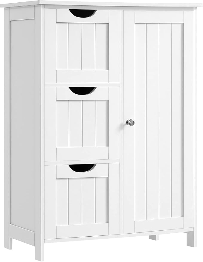 Armario de Baño, Cómoda de Baño, Mueble de Baño Estrecho, con 3 Cajones, 1 Estante Ajustable, Armario con Puerta, 30 x 60 x 80 cm, Blanco