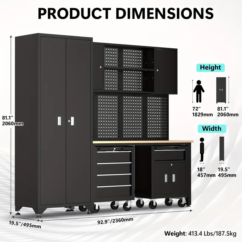 Taller de 6 piezas en negro, gabinete de almacenamiento para garaje, incluye cajones de acero, cofre rodante y tablero de clavijas, gabinete de almacenamiento con cerradura, perfecto para organizar el garaje y las herramientas.
