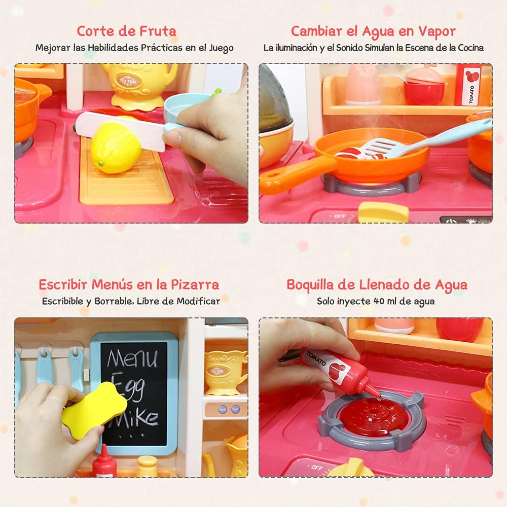 E T EASYTAO Cocina de Juguete para Niños de 65 Piezas con Humo, Luz, Sonido y Grifo para Salir Agua, Juguete Infantil Divertido, Juego de Roles, Regalo para Día del Niño （Altura: 93cm)
