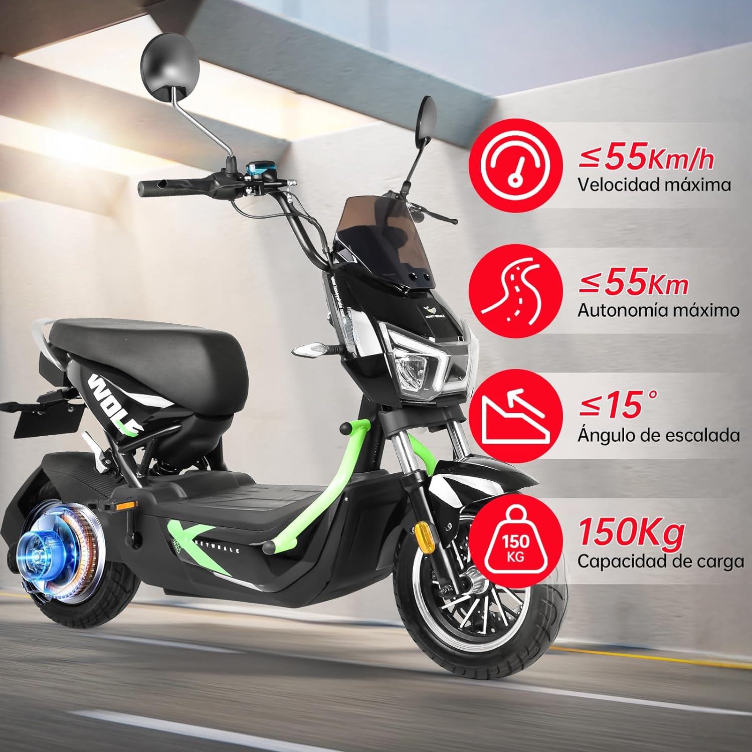 Wolf Bicicleta Electrica para Adultos, Bicimoto Eléctrica con Alarma, Máxima del Motor 1200W, Velocidad Máxima 55KM/H, Autonomía 50-55KM, Batería (72V, 20AH), Emite 7 Colores de luz