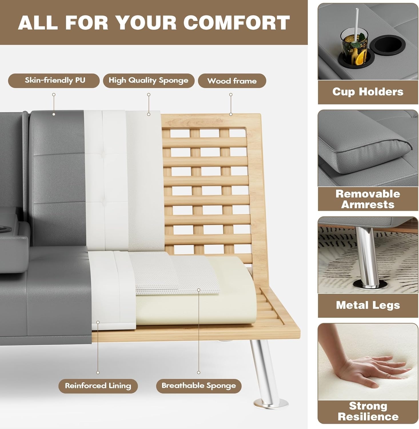 Homall - Sofá Cama de futón de Piel con reposabrazos extraíbles, sofá Cama reclinable Ajustable con Soportes de Doble Taza para Sala de Estar, Departamento, Oficina (Negro)
