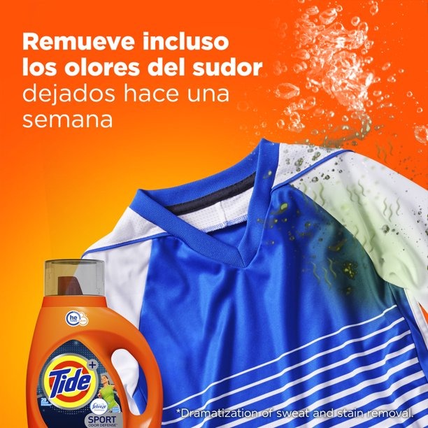 Detergente Líquido Tide Sport, para ropa deportiva, combate malos olores, 59 Cargas (2.48 L)