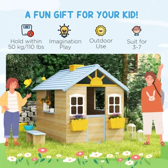 Outsunny Casa de Juegos de Madera para Niños Jardín Exterior con Puerta de Trabajo, Ventanas, Banco, Estación de Servicio, Macetero, Azul