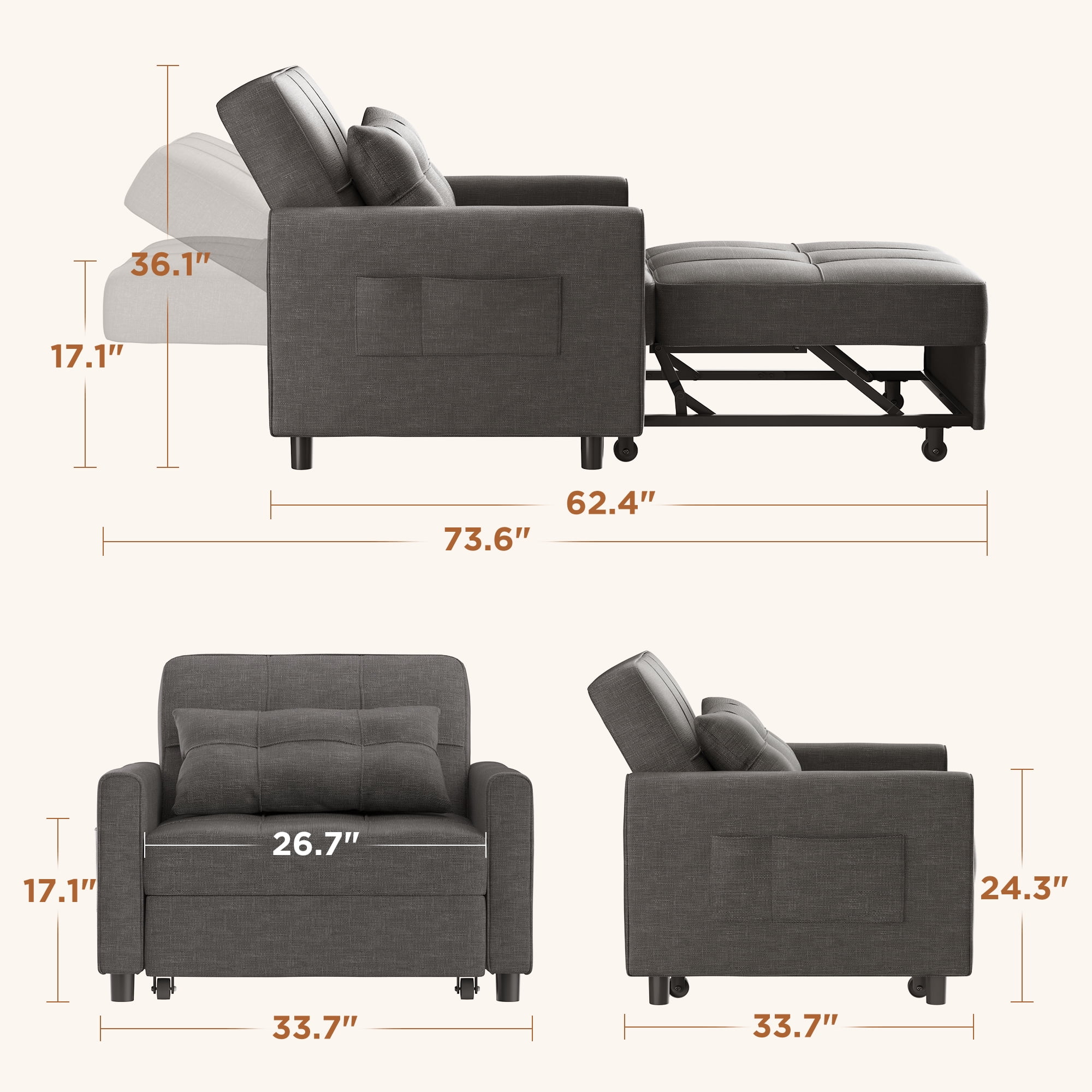 Sofá Cama Silla 3 en 1, Silla Convertible Cama Individual-taza