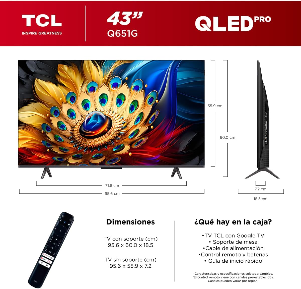 TCL Smart TV Pantalla 55" 55Q650G Google TV QLED Compatible con Alexa
