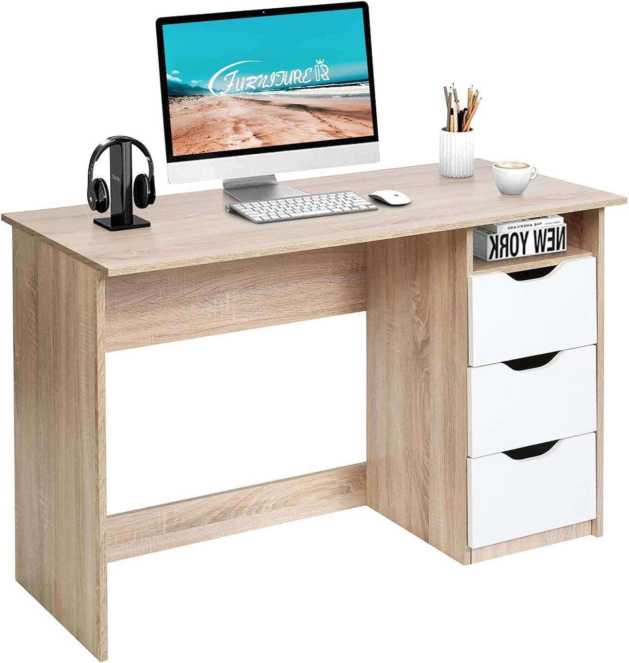 Mesa de Estudio de Escritura Multipropósito para Computadora con 3 Cajones de Guía Deslizantes Laterales Diseño Minimalista Moderno Escritorio de Oficina de Madera Haya