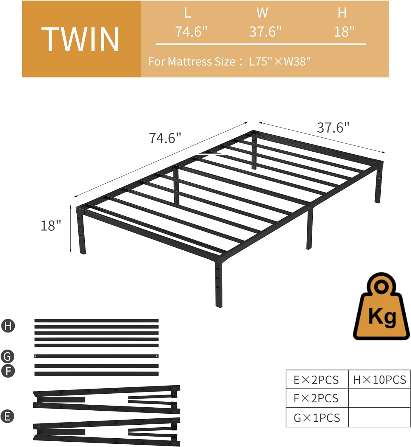 New Jeto Marco de cama de metal con espacio de almacenamiento debajo de la cama, plataforma sencilla y atmosférica, resistente y duradero, de 46 cm, tamaño individual